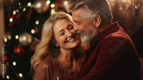 couple smile and happy hug each other's eyes, cuddling, warm hugs, senior or adult love, married couple, warm family. Husband and wife in love so fun in new years eve or valentine day