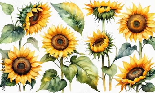 Set Of Sunflowers In Watercolor, Isolated. © Pixel Matrix