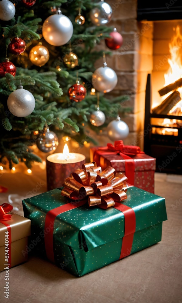 Christmas Presents Under A Tree, The Wrapping Paper Glistening In The Firelight.