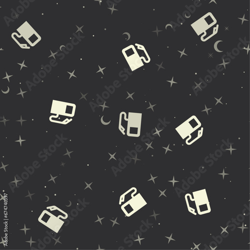 Seamless pattern with stars, gas station symbols on black background. Night sky. Vector illustration on black background