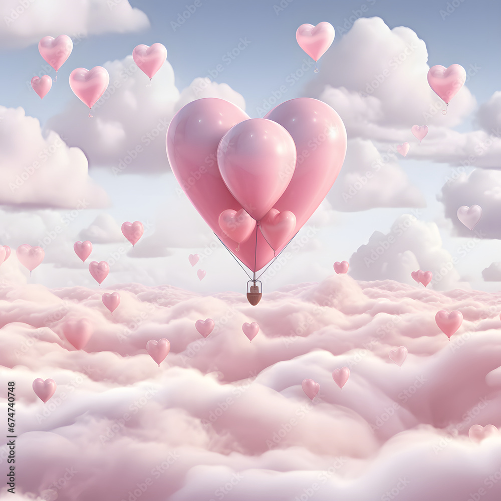 A large pastel pink balloon with a heart-shaped basket. Around him, many hearts of balloons fly above the clouds. The beautiful landscape of the sky A large pastel pink balloon with a heart-shaped basket. Around him, many hearts of balloons fly above the clouds. The beautiful landscape of the sky
