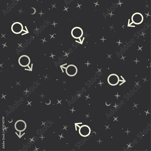 Seamless pattern with stars, mars symbols on black background. Night sky. Vector illustration on black background