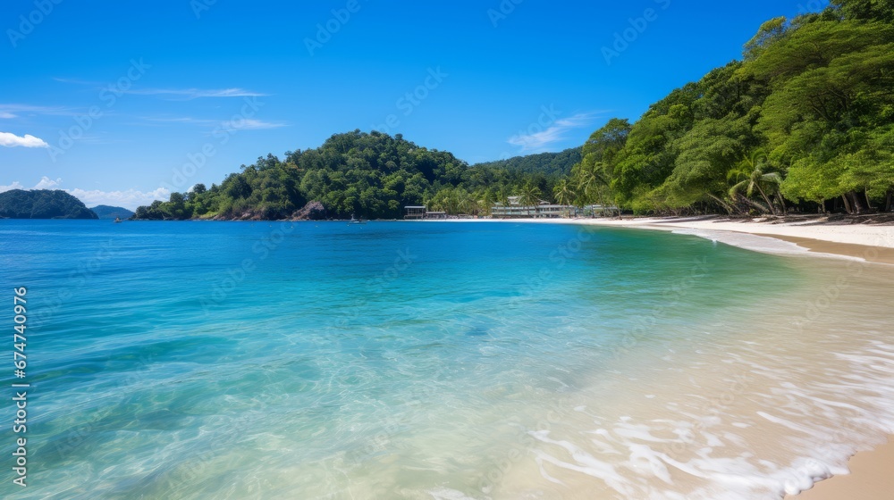 awe inspiring tropical summer beach with golden sunlight, soft sand, and crystal clear ocean water