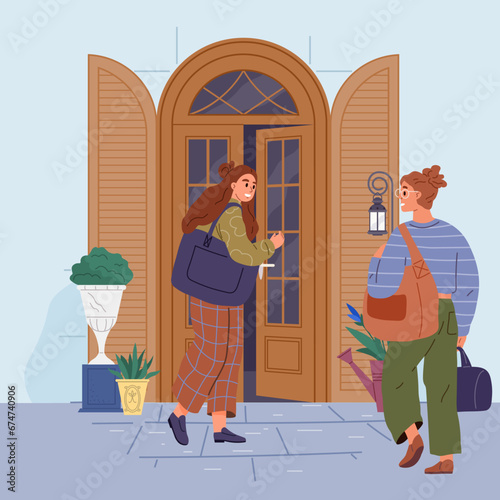 Woman enters house opening door and turning around to look out to say hello and talk to neighbor. Girl stands on porch of dwelling near entrance and says goodbye after walk. People in doorway entrance