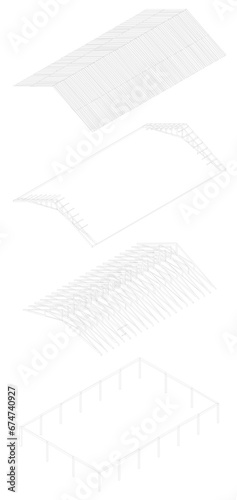 abstract architectural background with lines. Stages of construction of building on the fast-technology panels. Illustration of simple structural separation of a wooden frame, tole roof warehouse
