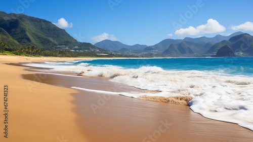 Golden rays of sunlight on a tropical beach, inviting stroll on powdery sand, clear waters.