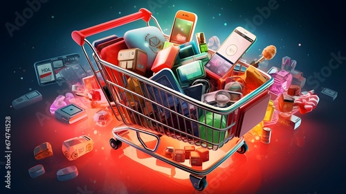 3d illustration of shopping cart full of electronic commerce on dark background photo