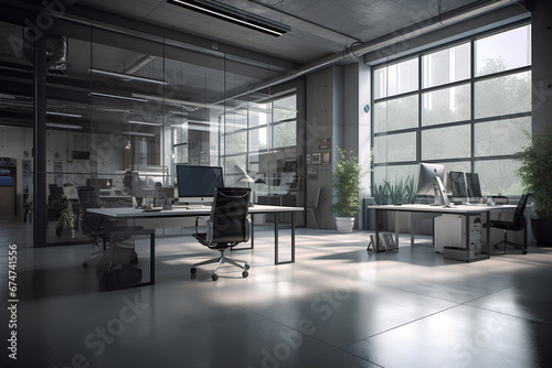 Interior of modern empty open space office. Gray colors, large windows