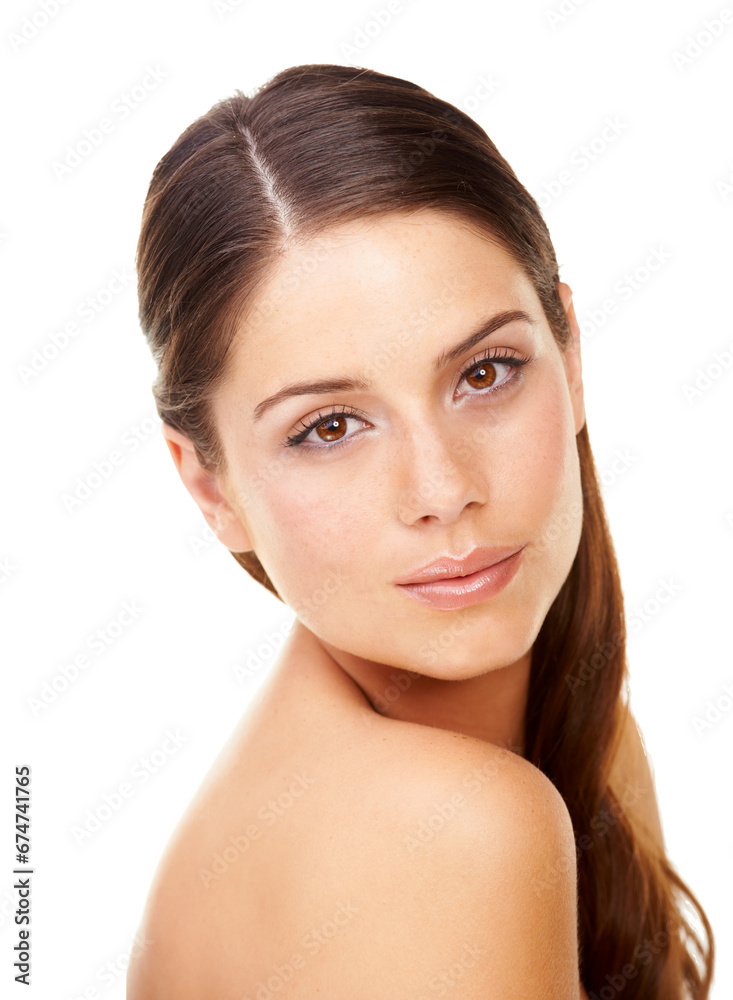 Skincare, woman and portrait in studio with beauty, cosmetic and facial wellness for shine on white background. Person, face and confidence for glow treatment, healthy aesthetic and dermatology Skincare, woman and portrait in studio with beauty, cosmetic and facial wellness for shine on white background. Person, face and confidence for glow treatment, healthy aesthetic and dermatology