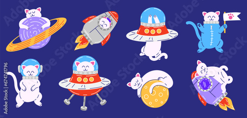 Set of cute cartoon cats in space. Vector illustration of cats characters in flat style. Funny pet mascots. Space concept.