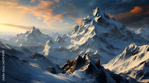 beautiful panorama of snowy mountains at sunset - 3d rendering © Iman