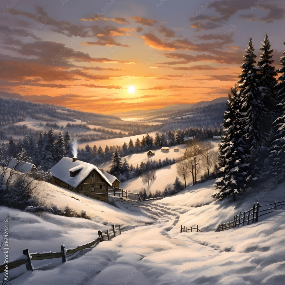Beautiful winter landscape with a wooden cottage in the mountains at sunset
