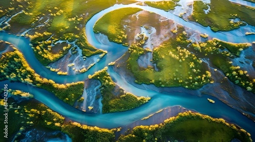 Aerial view of a small river in Yellowstone National Park, Wyoming.