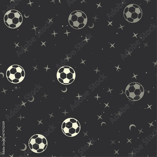 Seamless pattern with stars, football symbols on black background. Night sky. Vector illustration on black background