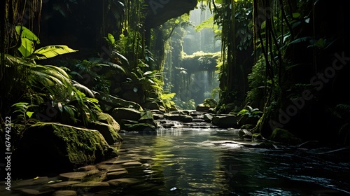 Panoramic view of a river flowing through a tropical rainforest