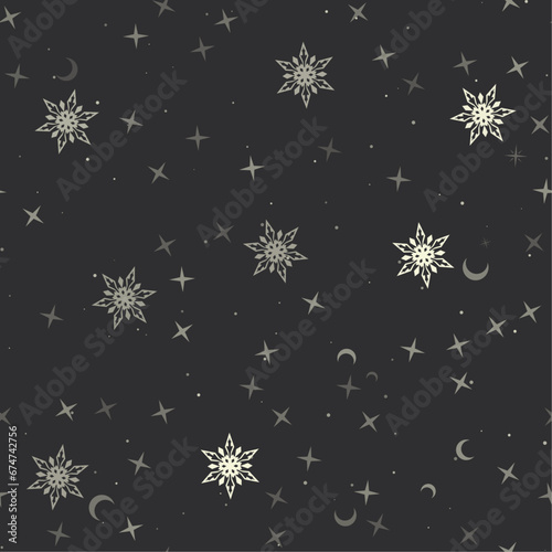 Seamless pattern with stars, snowflakes on black background. Night sky. Vector illustration on black background