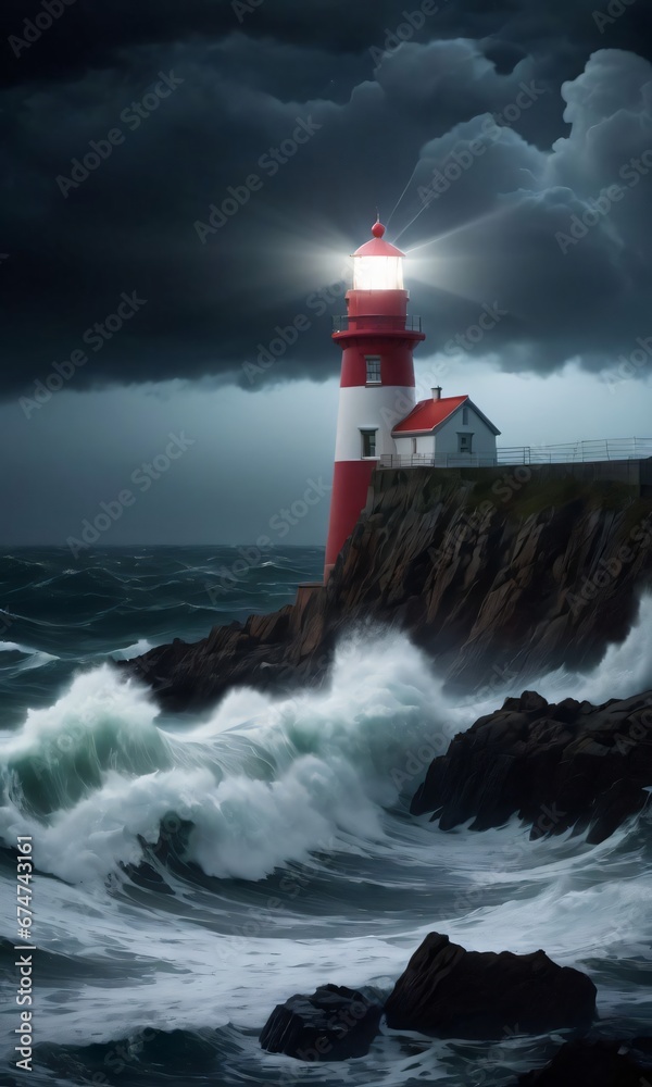 Lighthouse In A Stormy Sea At Night