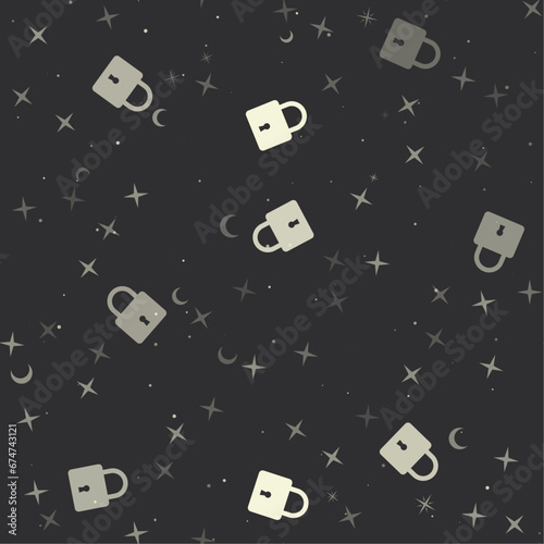 Seamless pattern with stars, padlock symbols on black background. Night sky. Vector illustration on black background