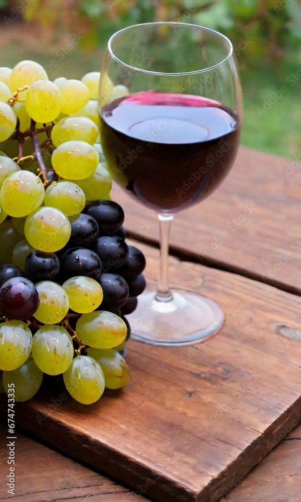 Glass Of Wine And Grapes On A Wooden Tabletop.