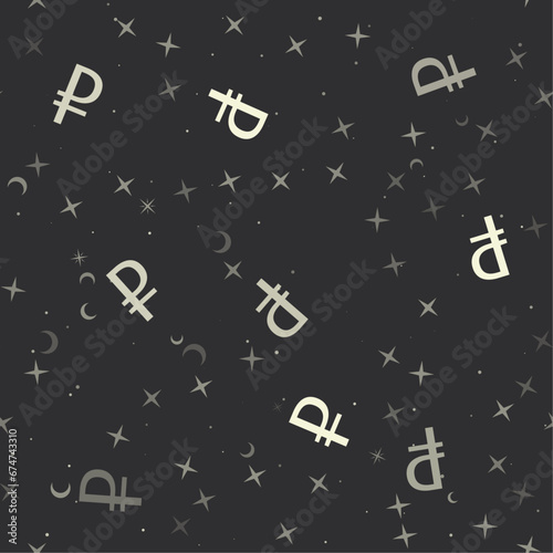 Seamless pattern with stars, ruble symbols on black background. Night sky. Vector illustration on black background