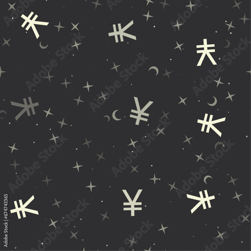 Seamless pattern with stars, yuan symbols on black background. Night sky. Vector illustration on black background