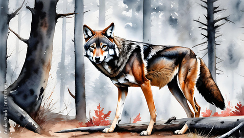 Majestic Red Wolf in Thunderstorm: Ultra-Realistic Watercolor Illustration