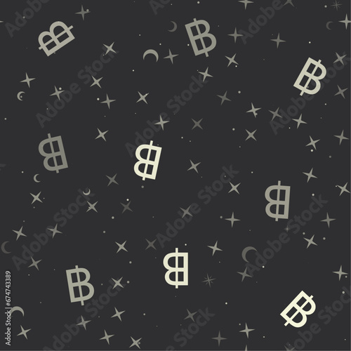 Seamless pattern with stars, thai baht symbols on black background. Night sky. Vector illustration on black background