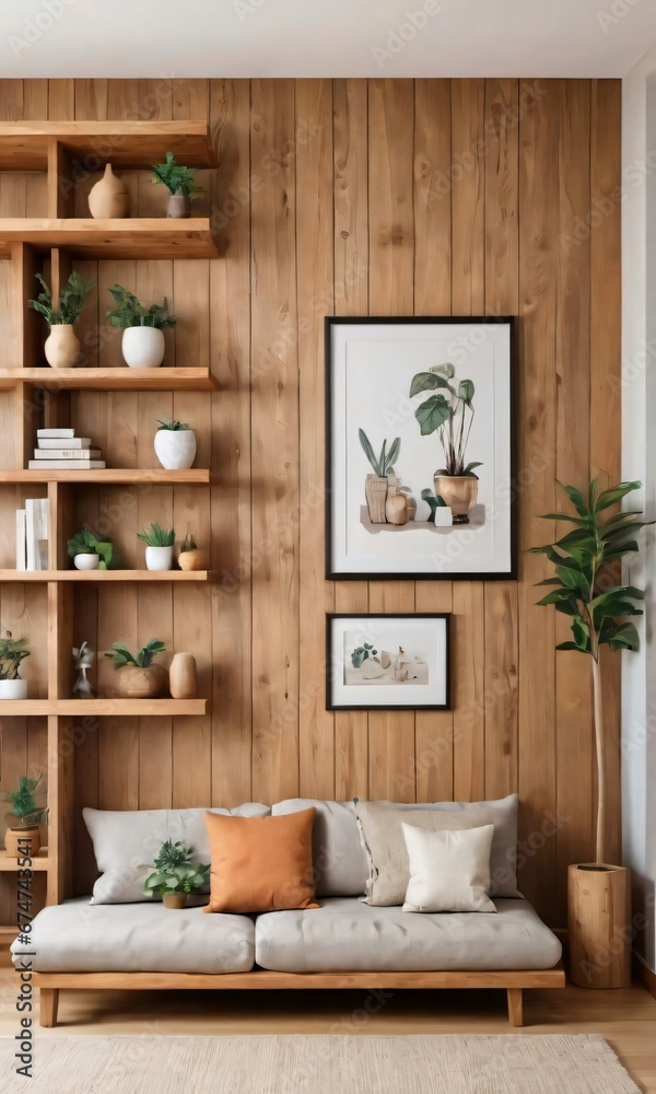 Wooden Living Room Interior With Art Decorations On A Wooden Shelf.