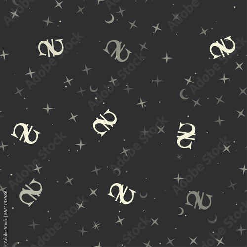 Seamless pattern with stars, hryvnia symbols on black background. Night sky. Vector illustration on black background