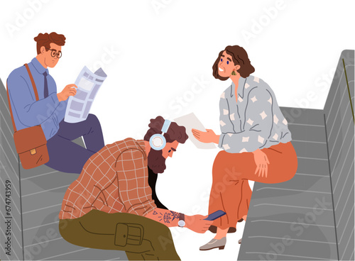 Group of people in waiting hall. Rest in expectation. Man sitting on couch with newspaper, drinking coffee. Interior of house or hotel. People in hospital or at public laundry, visitors communicate