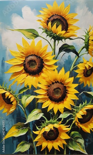 Yellow Sunflowers Brush Strokes Acrylic Painting.