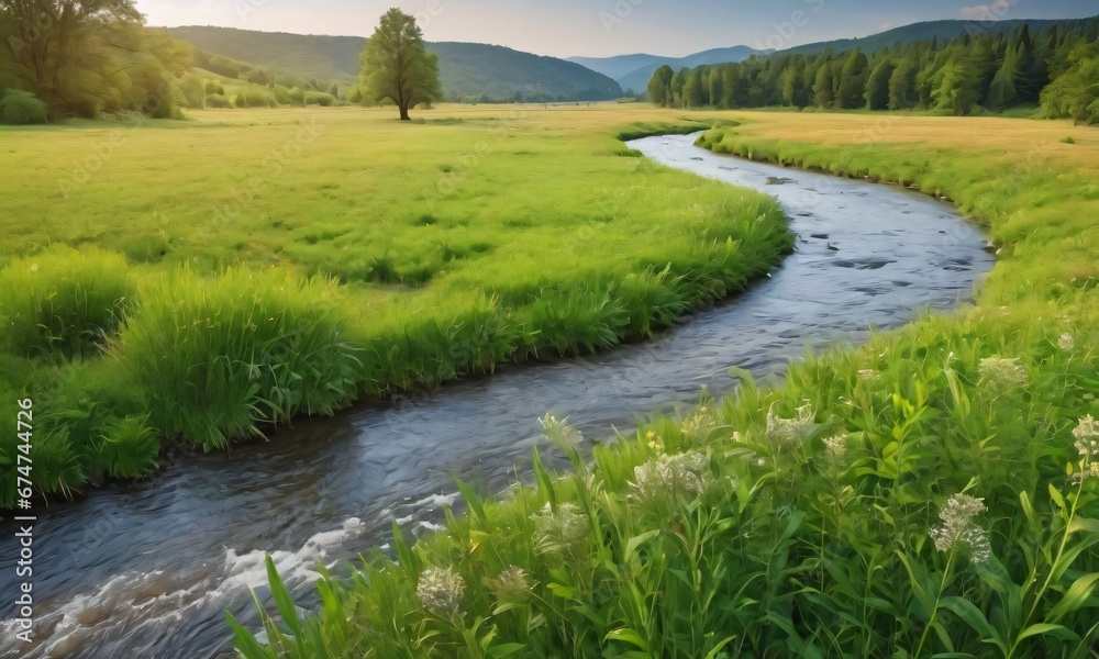 Meadow Landscape With A River Flow.
