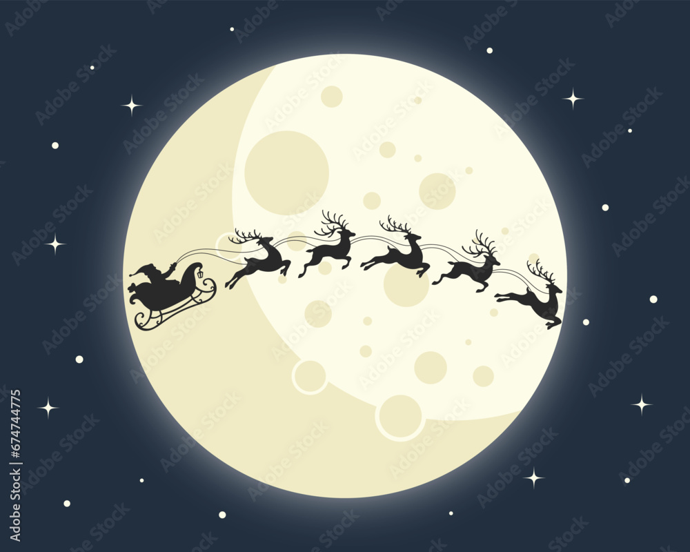 Santa on a sleigh with reindeers in the sky with a full moon. Christmas illustration, vector