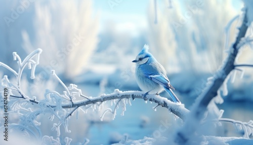 A serene winter scene delicate bird perched on frost covered branch in snowy christmas park