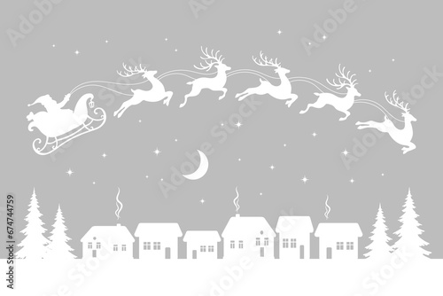 Santa on a sleigh with reindeers in the sky with the moon, winter landscape, silhouette on a white background. Christmas illustration, vector