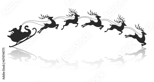 Santa on a sleigh with reindeers, silhouette with reflection on a white background. Winter illustration, vector