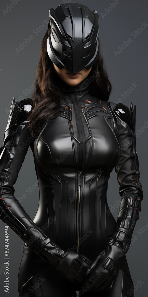 Frau Anonym in sexy schwarzen Cat Woman Leder Motorrad Outfit mit Helm im Hochformat für Banner, ai generativ Frau Anonym in sexy schwarzen Cat Woman Leder Motorrad Outfit mit Helm im Hochformat für Banner, ai generativ