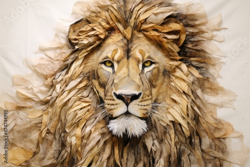 A paper rendition of a regal lion  its flowing mane and fierce expression created from bunched newspaper.