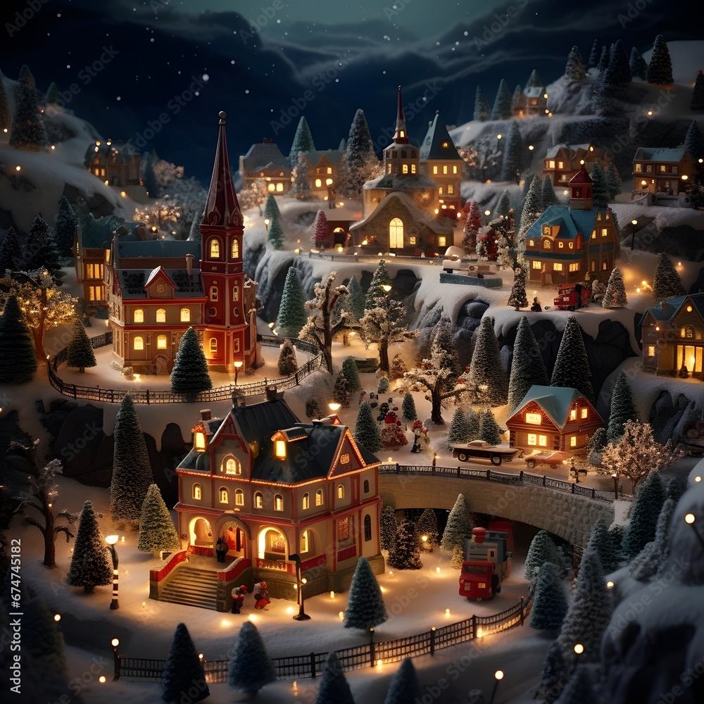 Christmas village at night with christmas tree and snowfall. 3d rendering