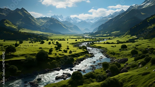 Beautiful panoramic view of a mountain river with mountains in the background