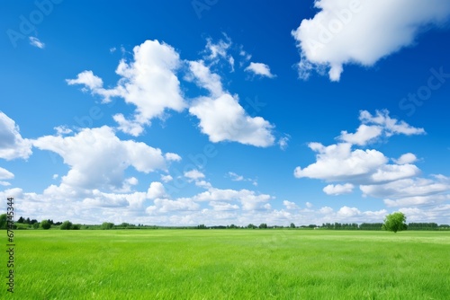 A breathtaking view of lush green fields under a serene blue sky on a perfect summer day
