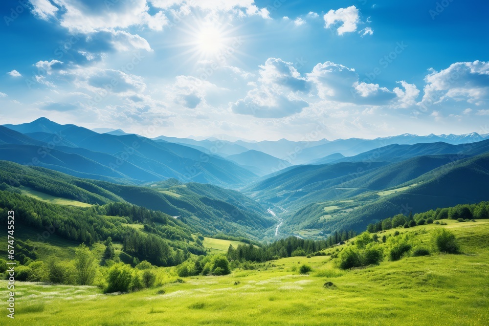 Lush green fields, serene blue sky with fluffy clouds, perfect summer scene of tranquility.
