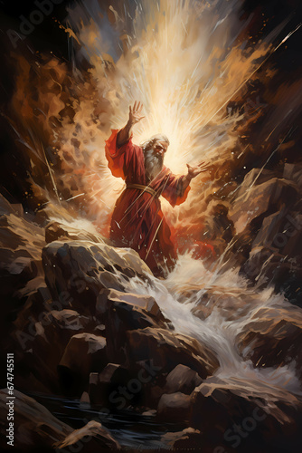 Moses strinking the rock abstract painting flood red robe sea desert