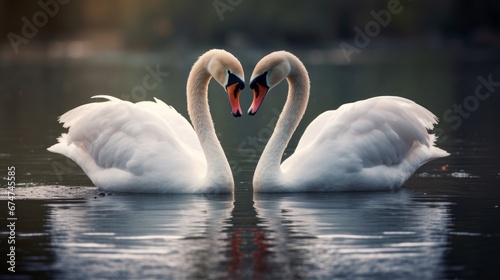 Two swans facing each other in the shape of a heart. Concept of love and romance