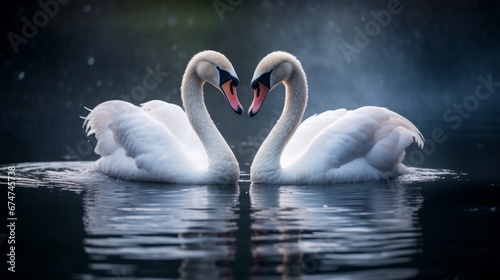 Two swans facing each other in the shape of a heart. Concept of love and romance photo