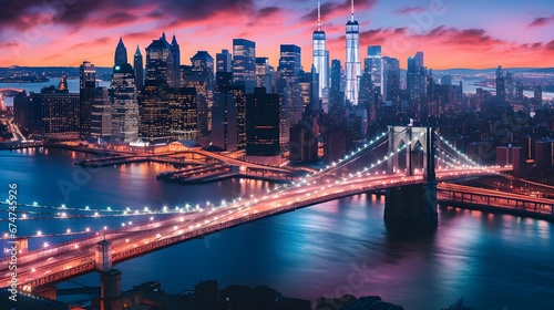 Panorama of Brooklyn Bridge and Manhattan skyline at sunset, New York City © Iman