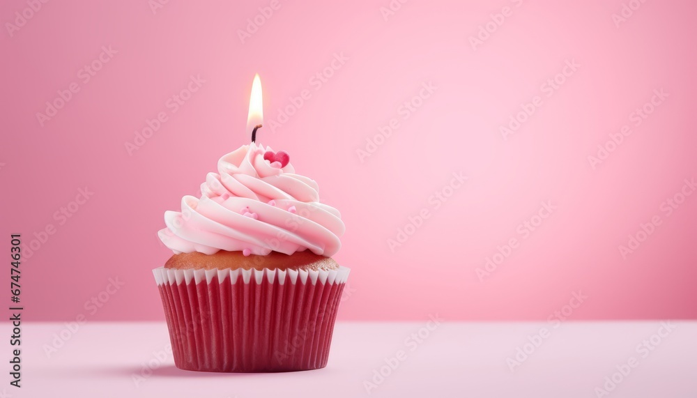 Festive birthday cupcake with candle on light pink background sweet dessert for celebrations Festive birthday cupcake with candle on light pink background sweet dessert for celebrations