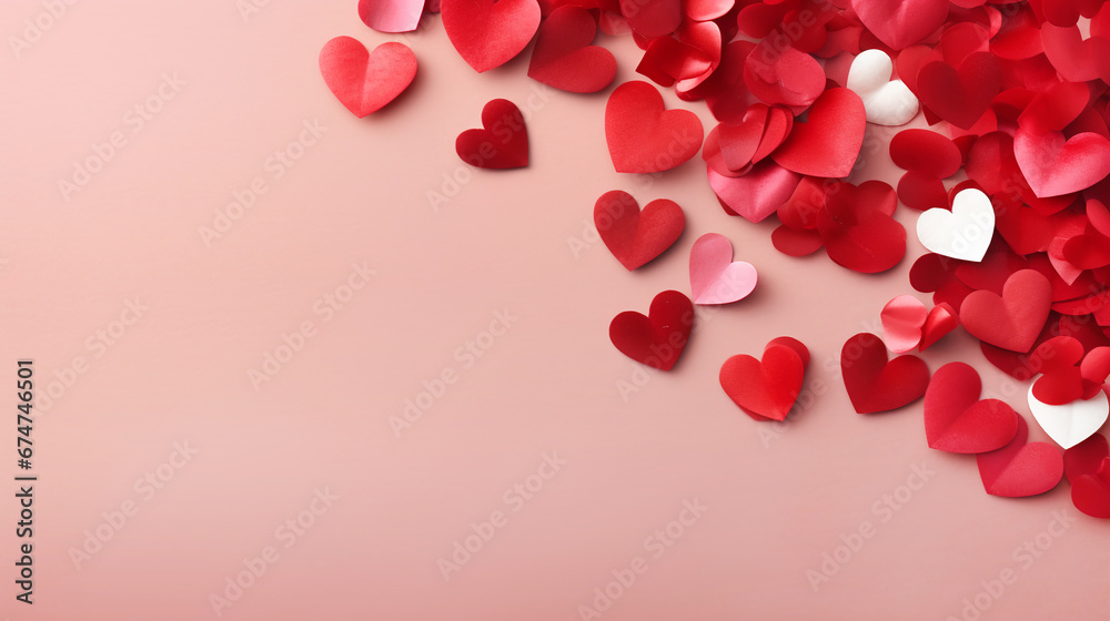 Paper red hearts on pink blured background with copy space for text. Top view. Saint Valentine's day 14 February. 
