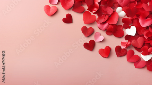 Paper red hearts on pink blured background with copy space for text. Top view. Saint Valentine's day 14 February. 