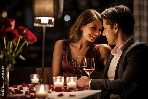 Young couple enjoying romantic dinner in restaurant with roses and champagne. photo